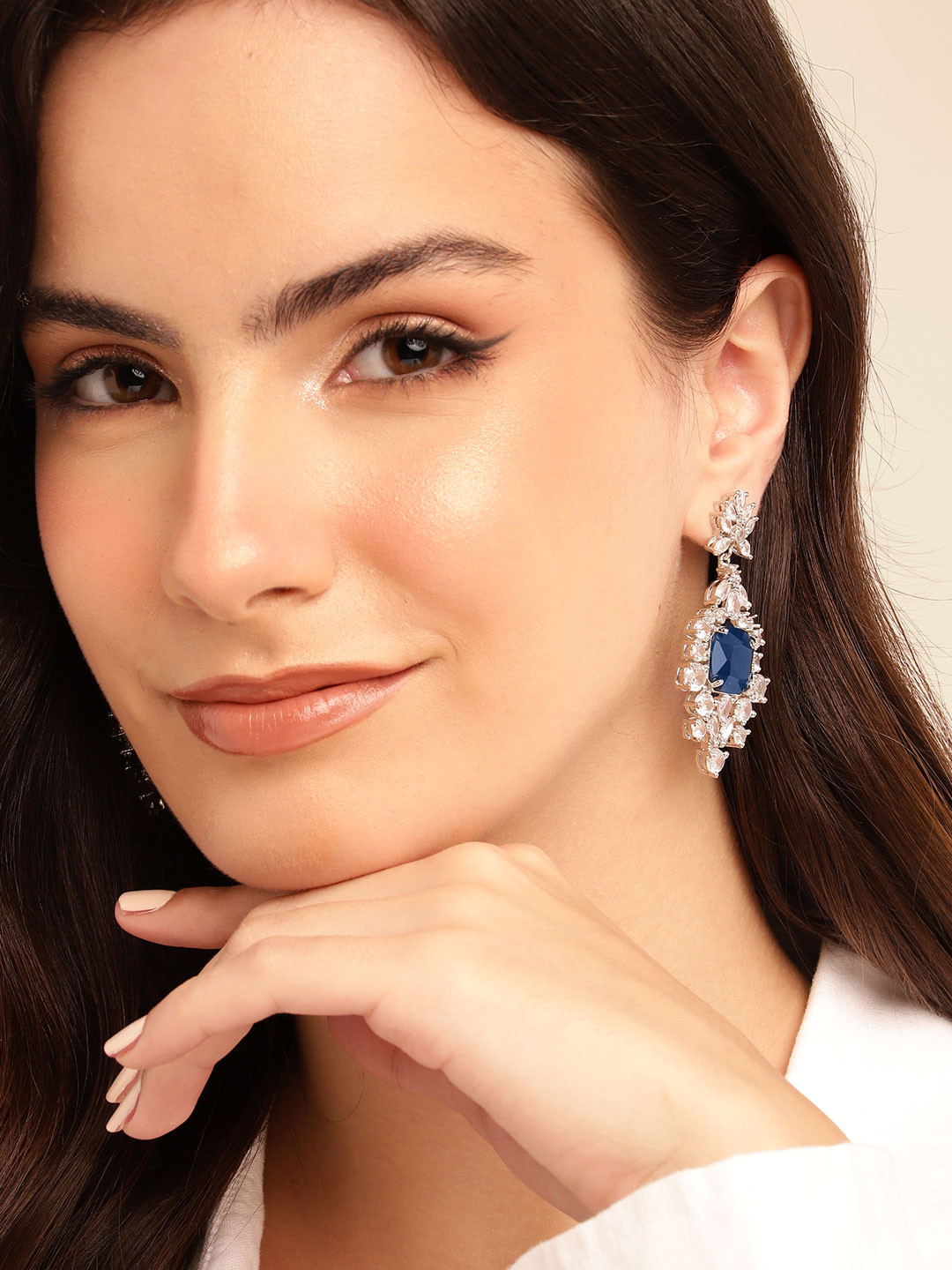 Anouk Classic Silver-Plated American Diamond Chandelier Drop Earrings