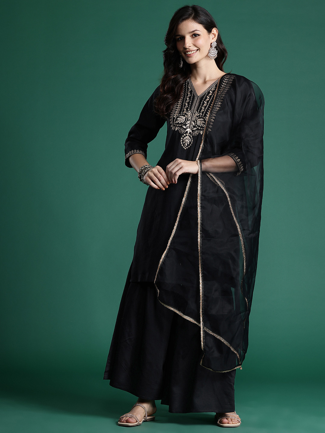 Indo Era Ethnic Motifs Zari Embroidered Liva Kurta With Sharara & Dupatta