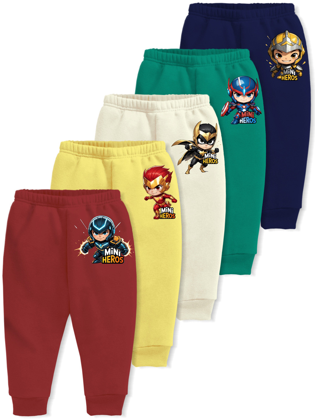 Minicult Kids Pack Of 5 Super Hero Printed Cotton Joggers