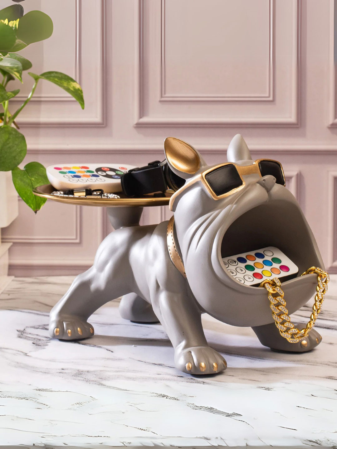 SMOKEY COCKTAIL Bulldog Storage Butler Grey Polyresin Glossy Living Room Medium Showpiece - 11.8 Inches