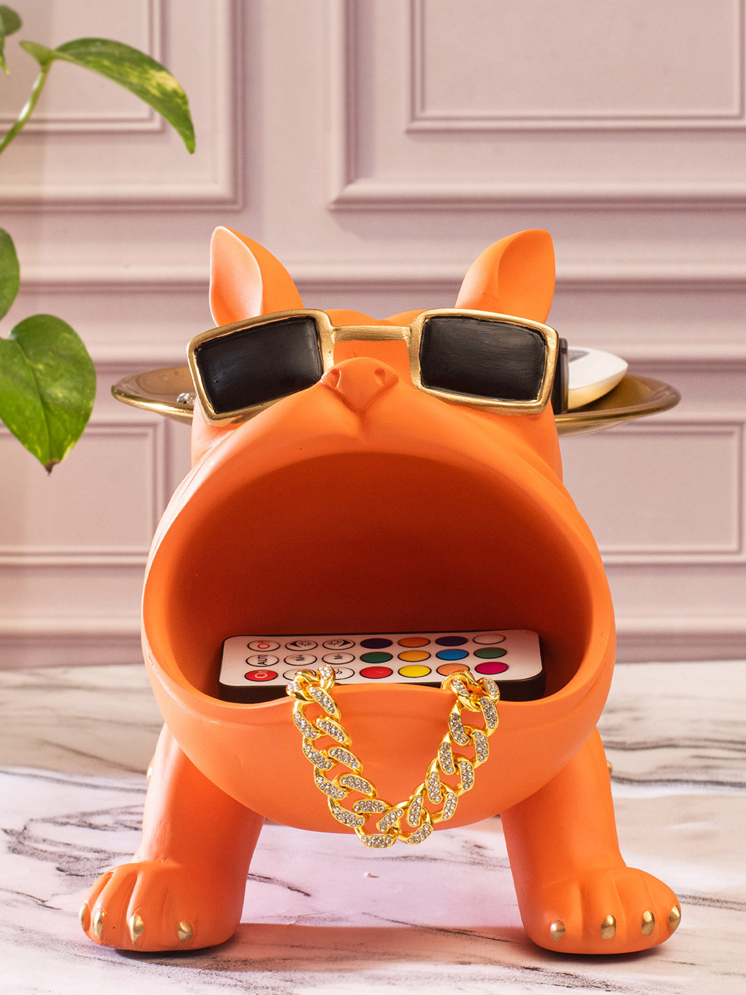 SMOKEY COCKTAIL Bulldog Storage Butler Orange Polyresin Glossy Living Room Medium Showpiece - 11.8 Inches