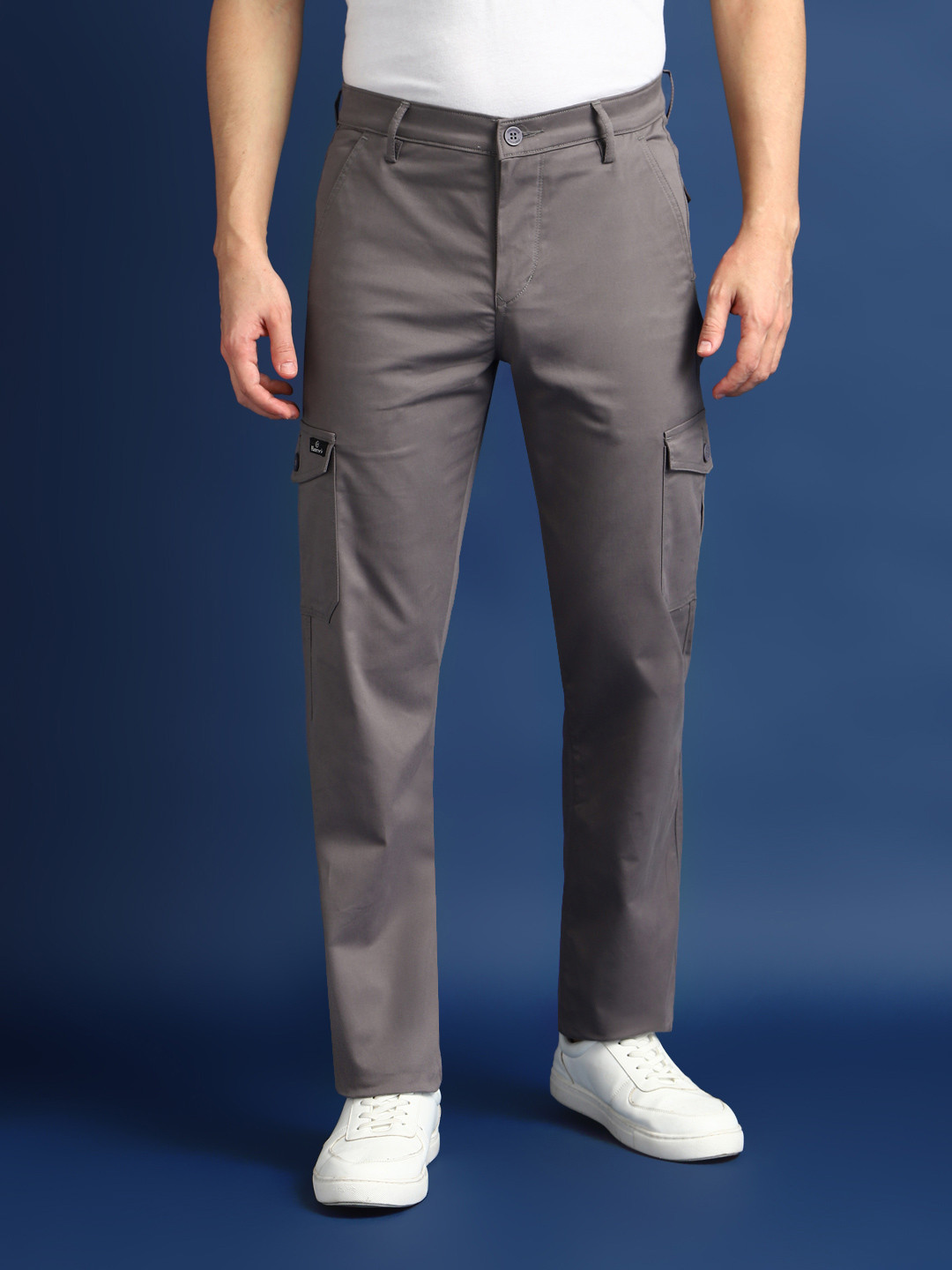 Hancock Men Solid Cotton Stretchable Comfort Straight Fit Easy Wash Cargos Trousers