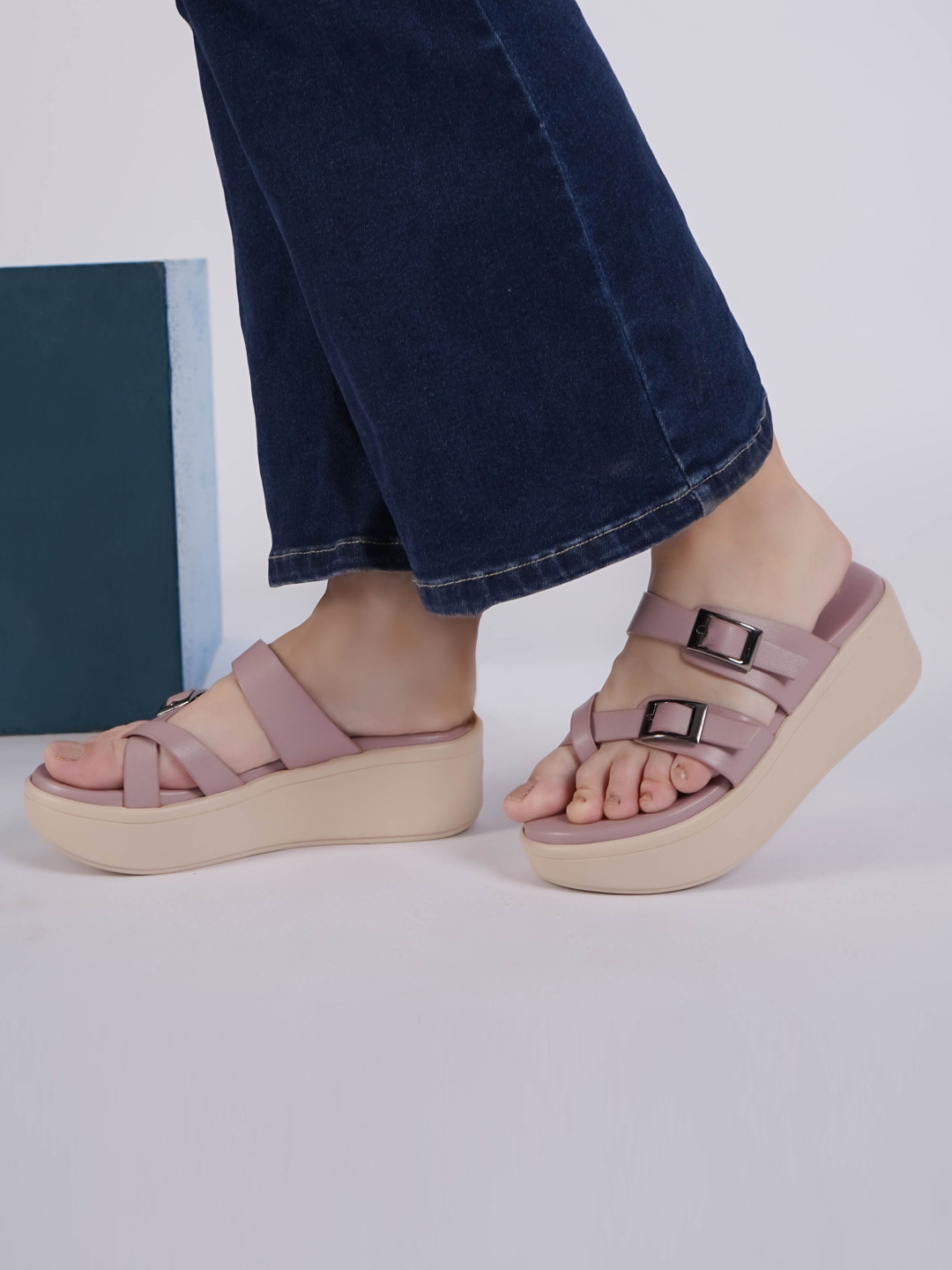 Shezone Women Solid Open Back Regular Wedge Sandals Heels  with Buckles