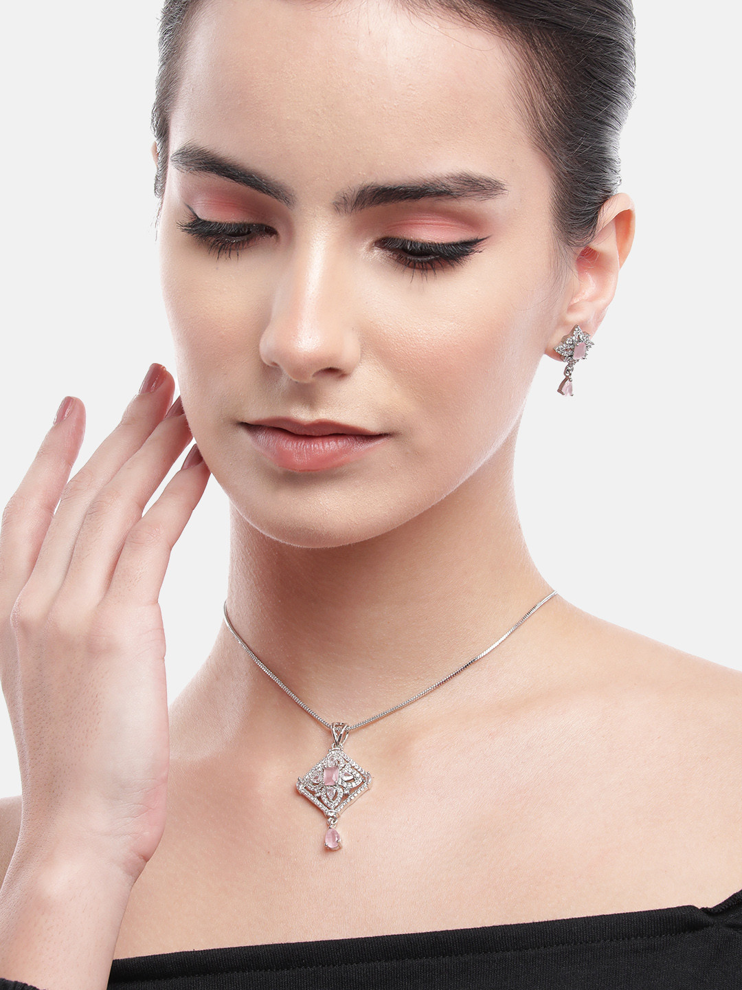 Anouk AD Stud Silver Toned Chain Pendent Premium Necklace Set