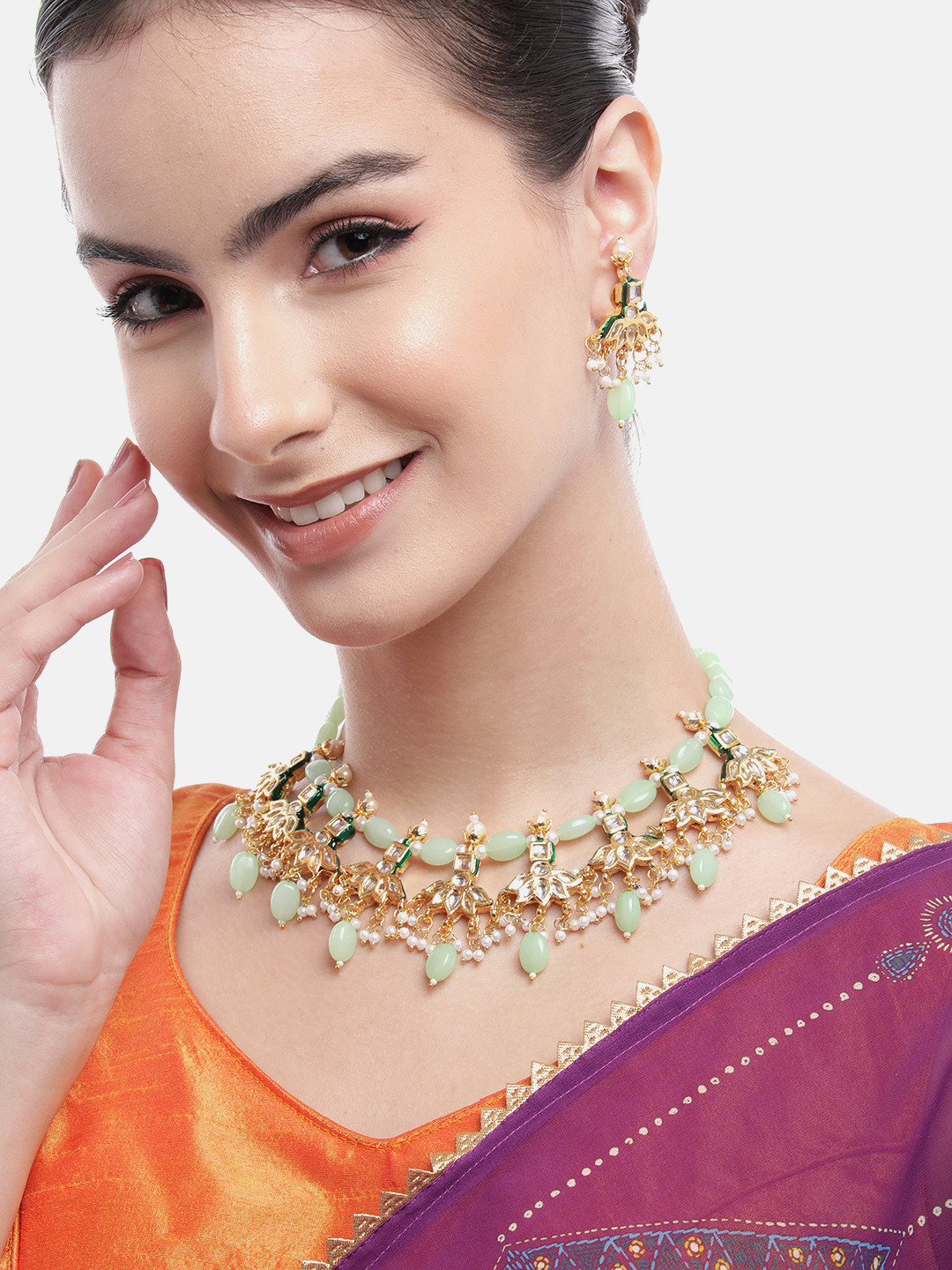 Anouk Gold-Plated Lotus Mint Drop Earrings Kundan Necklace Set