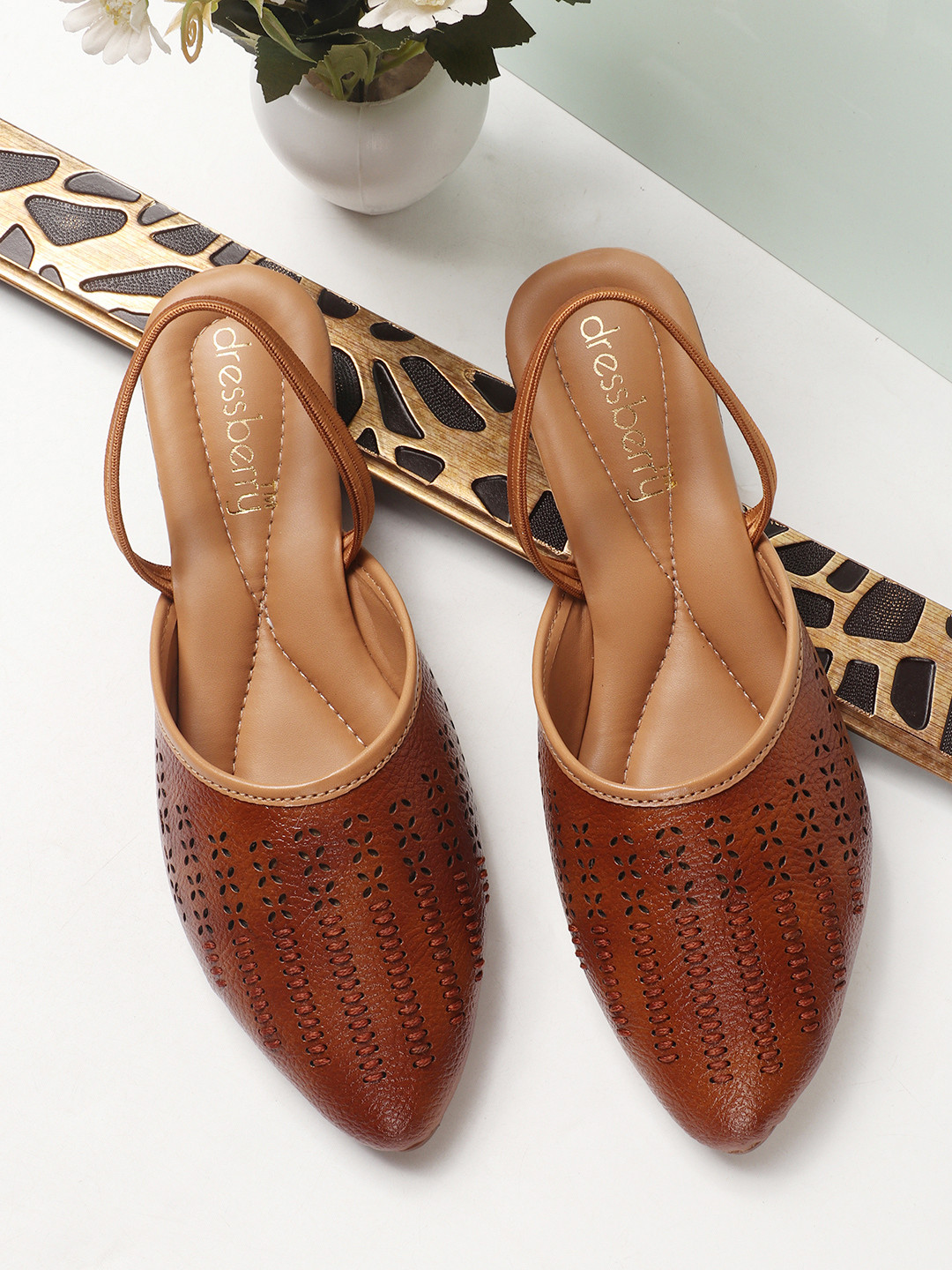 DressBerry Women Faux Leather Pointed Toe Slingback Flats with Laser Cuts Detailing