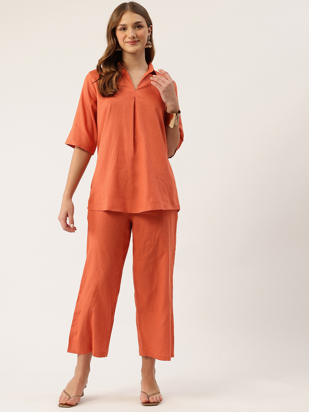MISRI Solid Shirt Style Top and Trousers Co-Ord Set