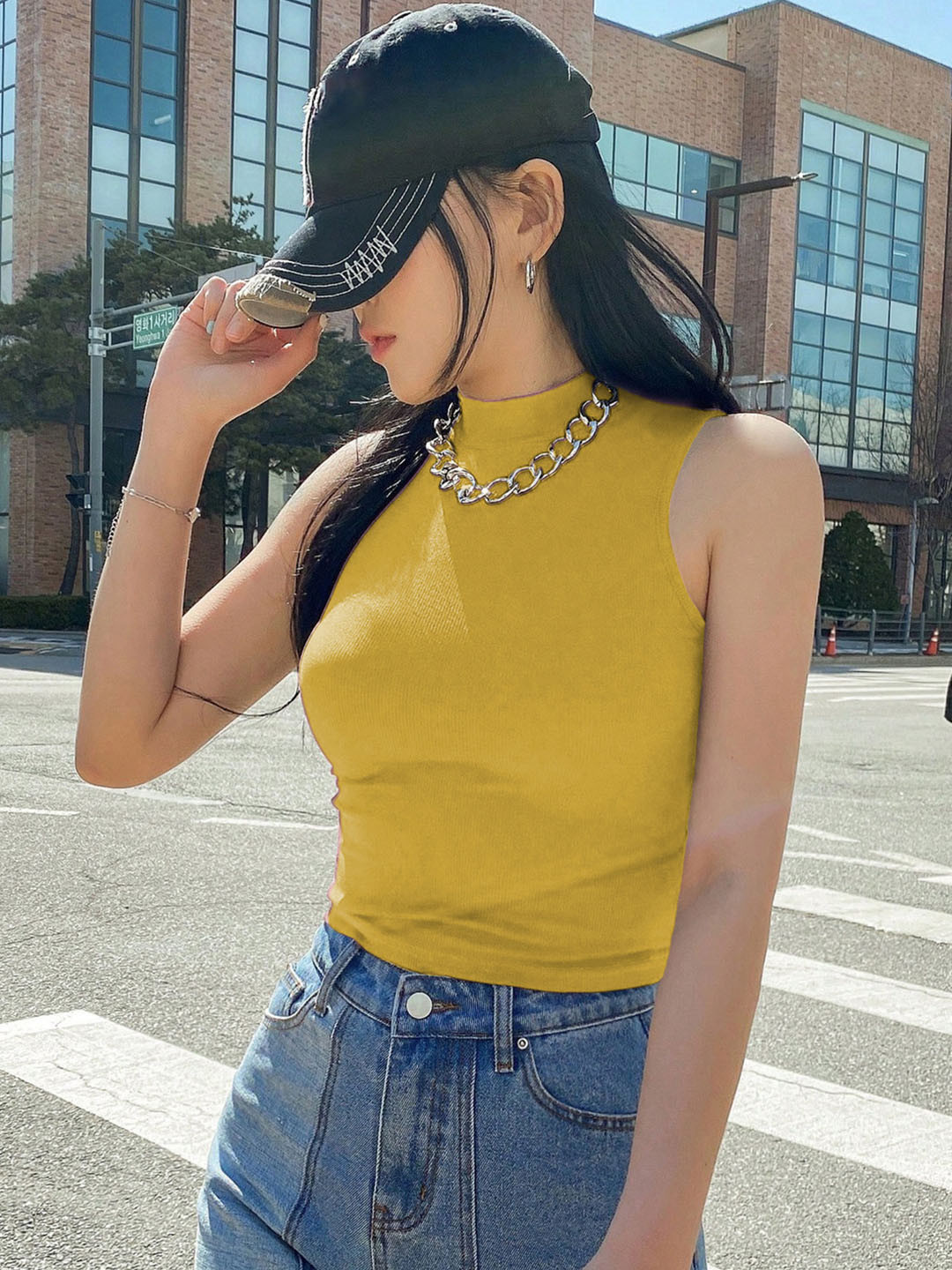 yellow high neck crop top