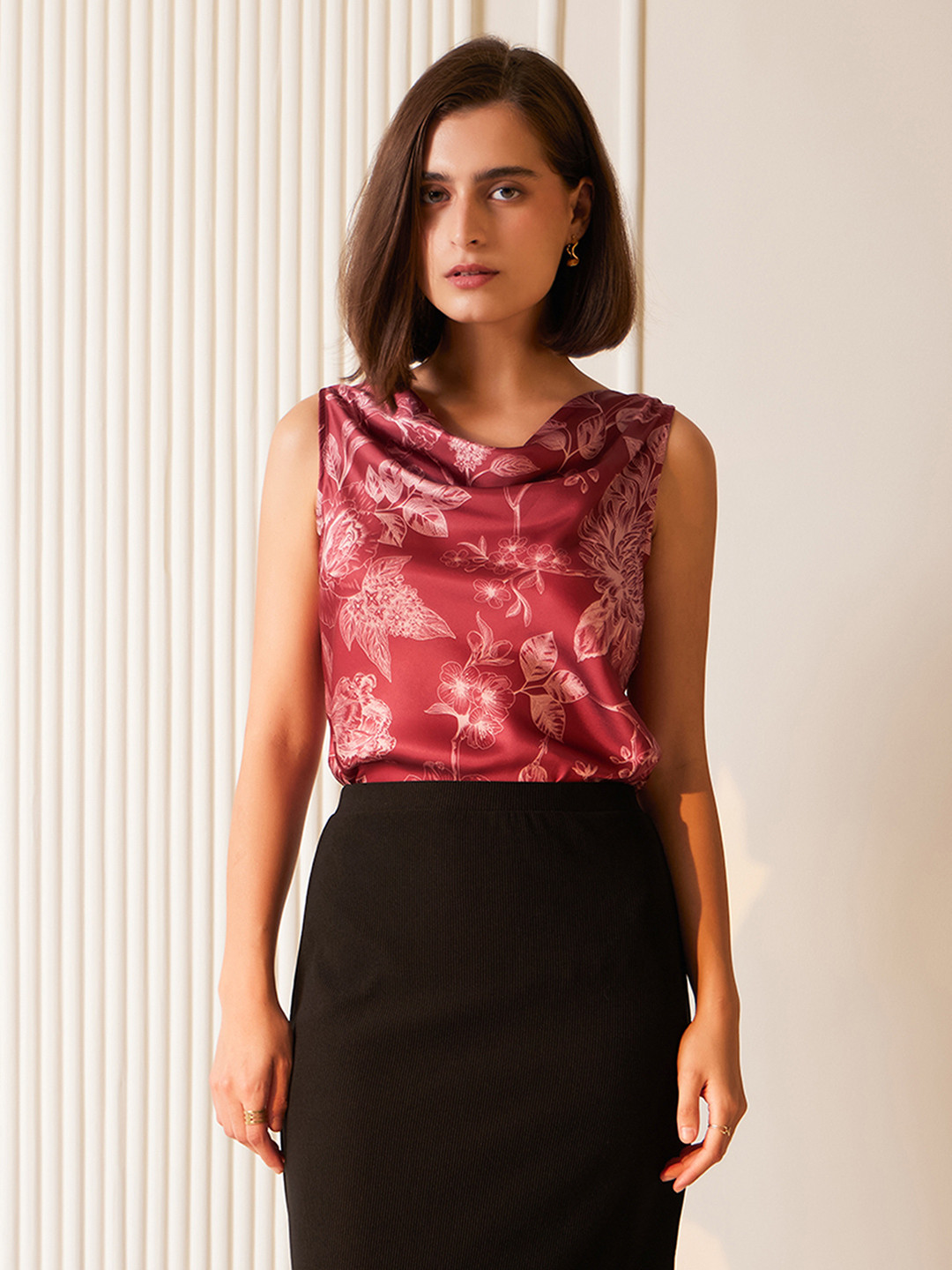 FableStreet Women Floral Printed Cowl Neck Red Top