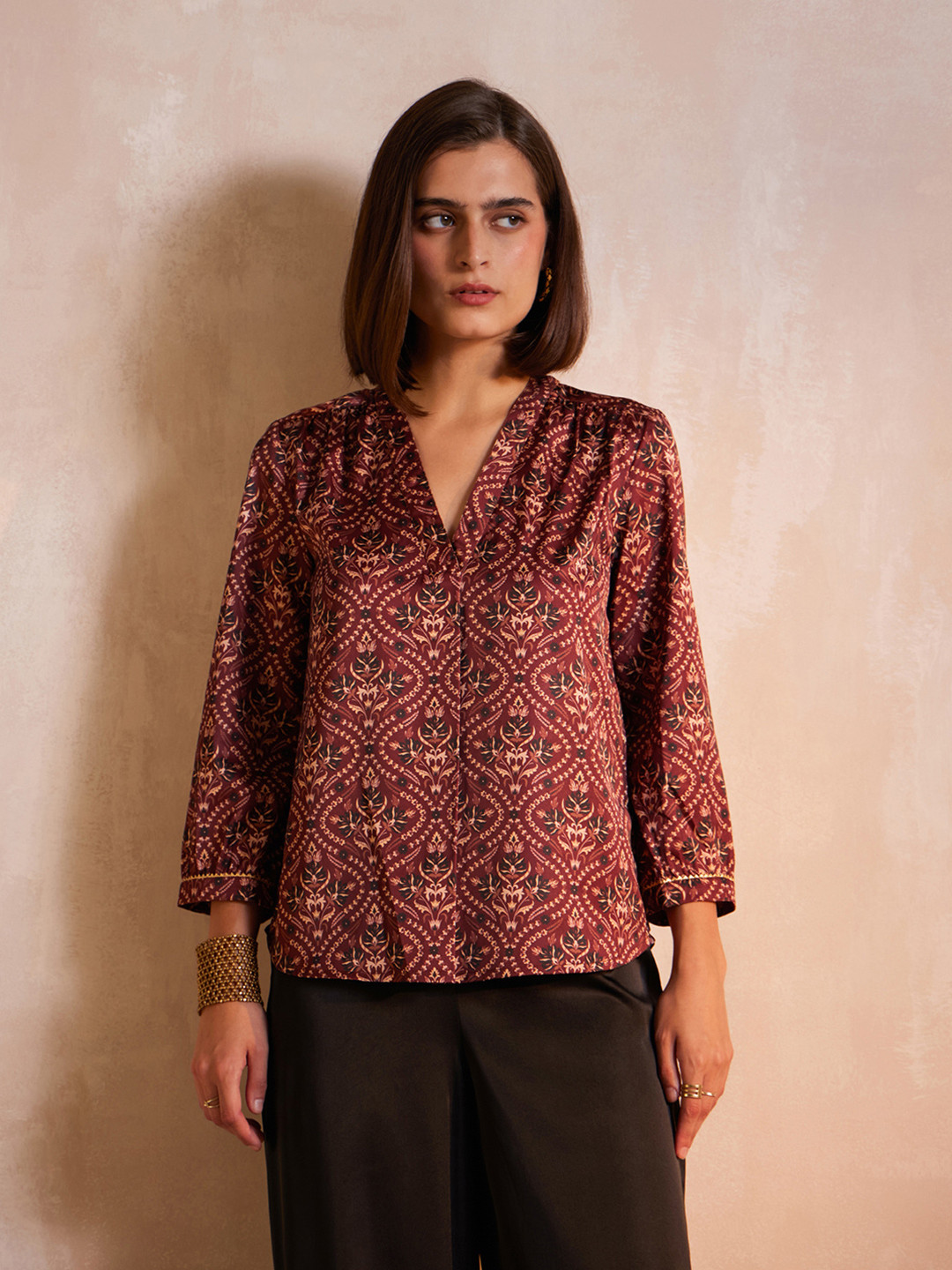 FableStreet Women Ethnic Motifs Printed V-Neck Maroon Top
