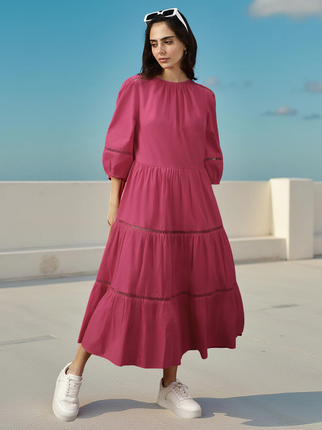 High Star Puff Sleeve Fit & Flare Maxi Cotton With Lace Detail Dress