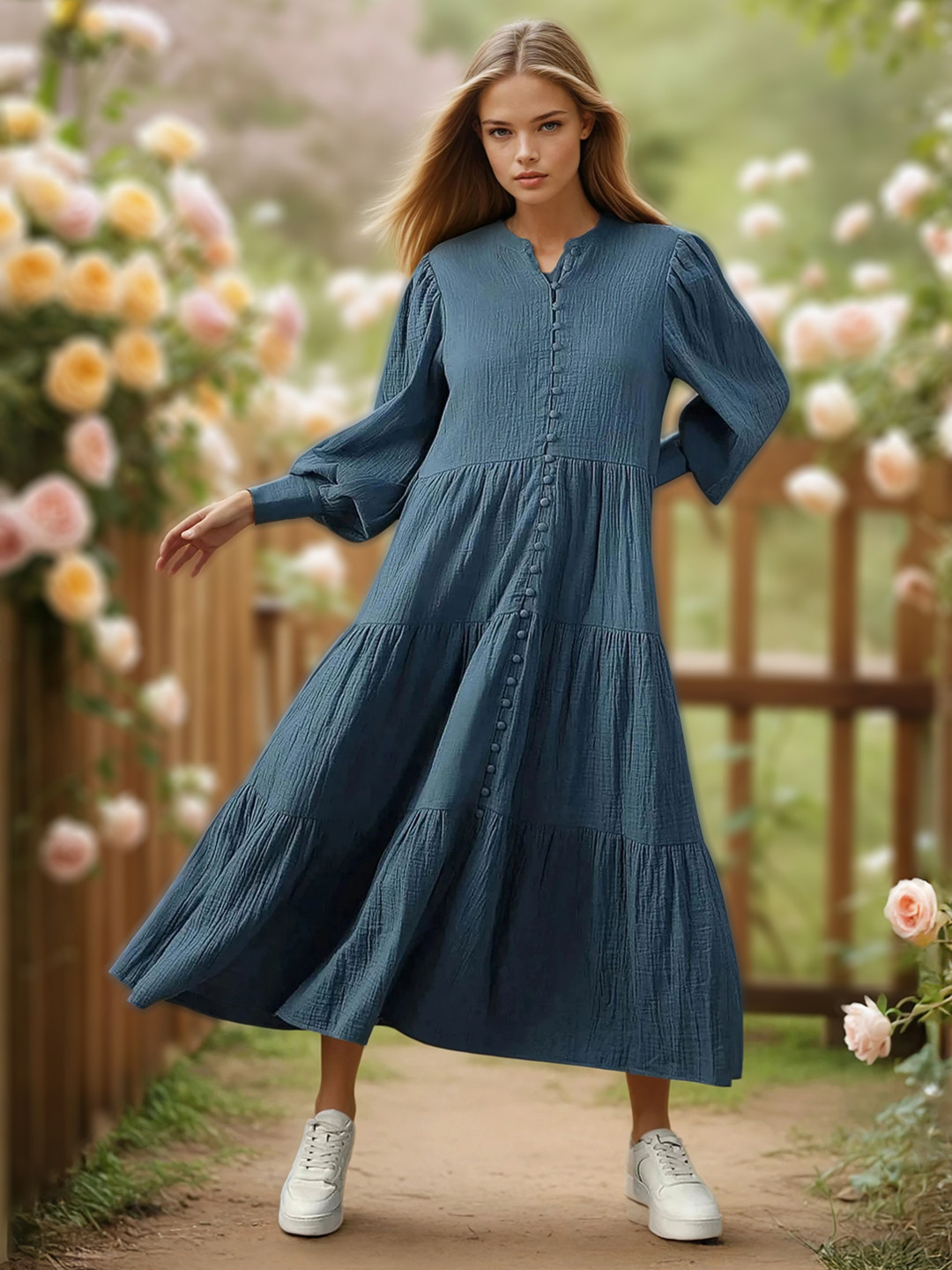 High Star Women Mandarin Neck Balloon Sleeves Pure Cotton A-Line Fit & Flare Textured Cotton Midi Dress