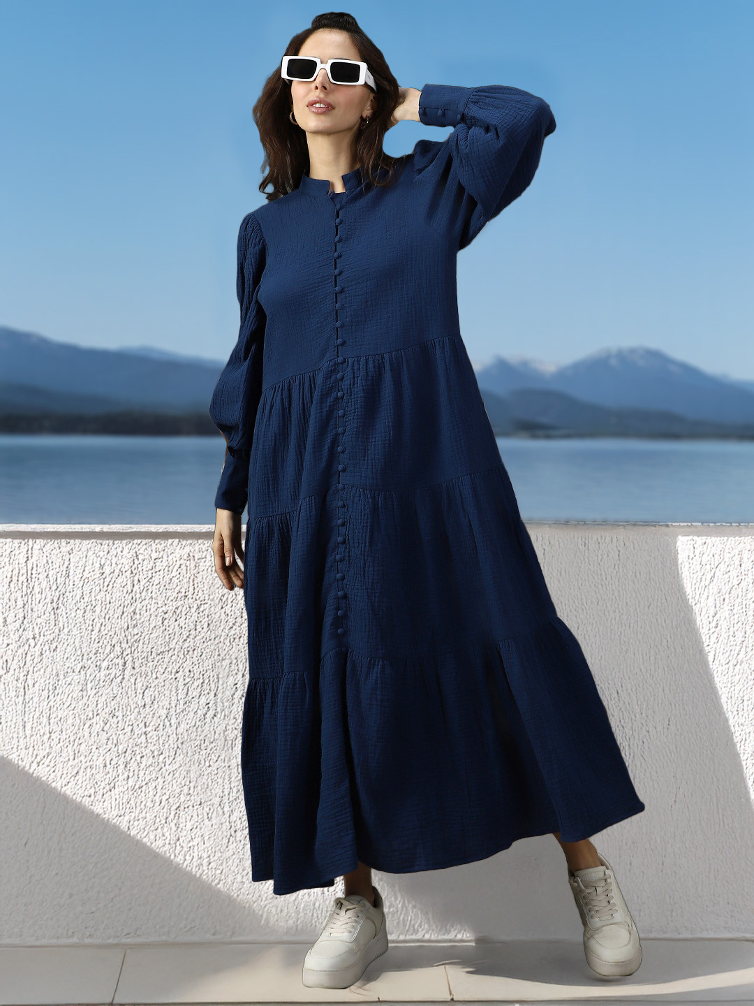 High Star Women Mandarin Neck Balloon Sleeves Pure Cotton A-Line Fit & Flare Textured Cotton Midi Dress