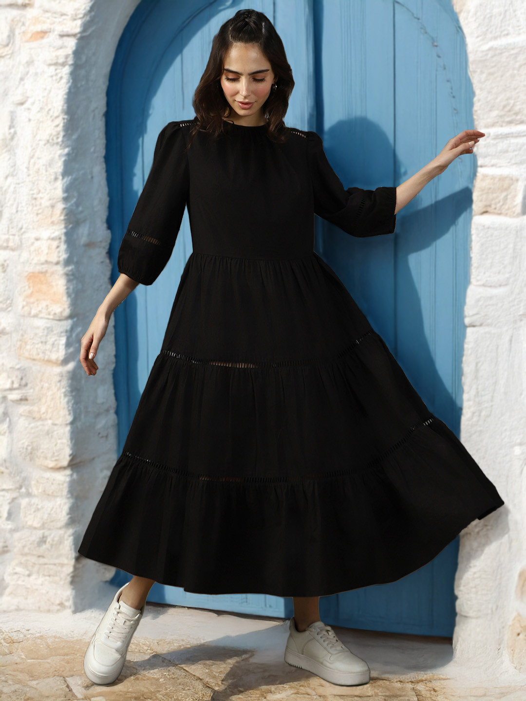 High Star Solid Tier Cotton Maxi Puff Sleeves geathers in neck Dress