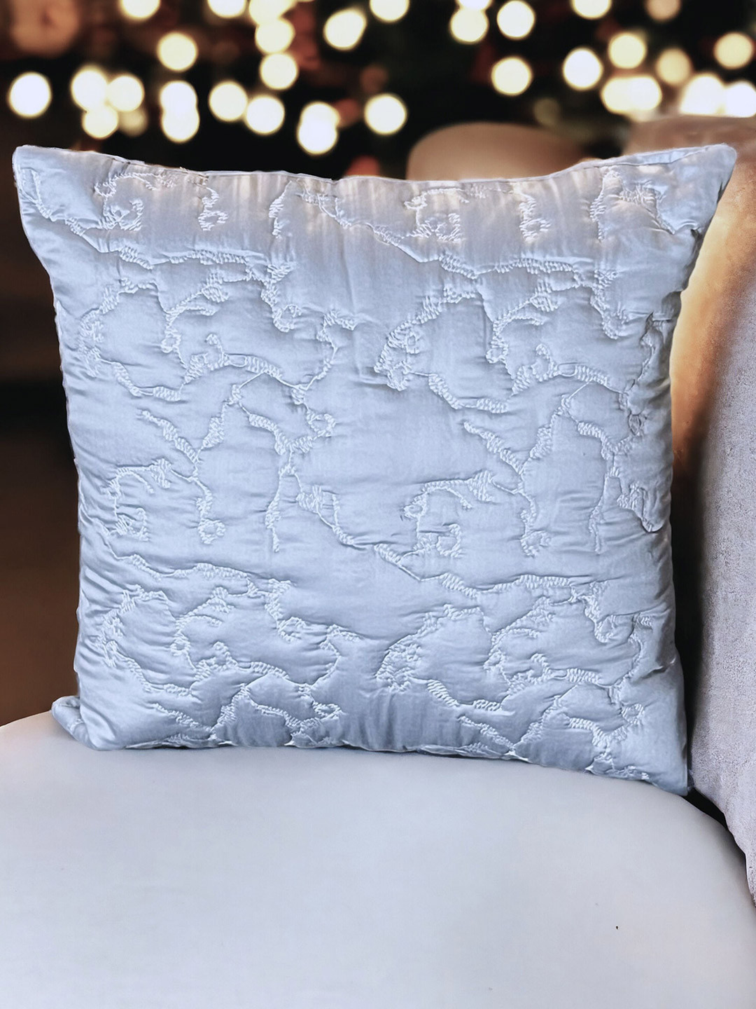 ERBA Mercin Blue Embroidered Polyester Silk Washable Square Cushion Cover -18x18In