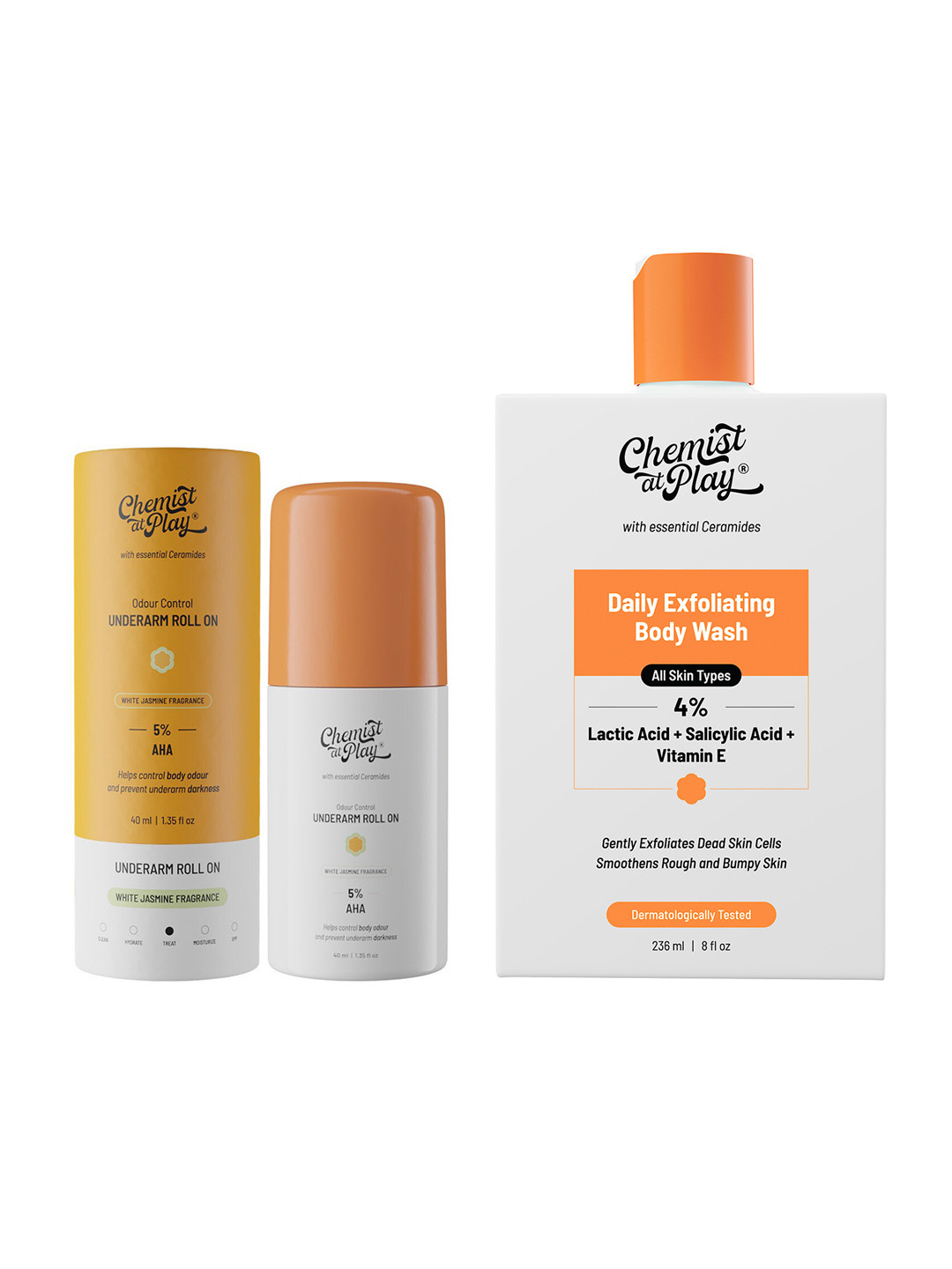 Chemist at Play Set of Daily Exfoliating Body Wash 236ml & Jasmine Underarm Roll On 40ml