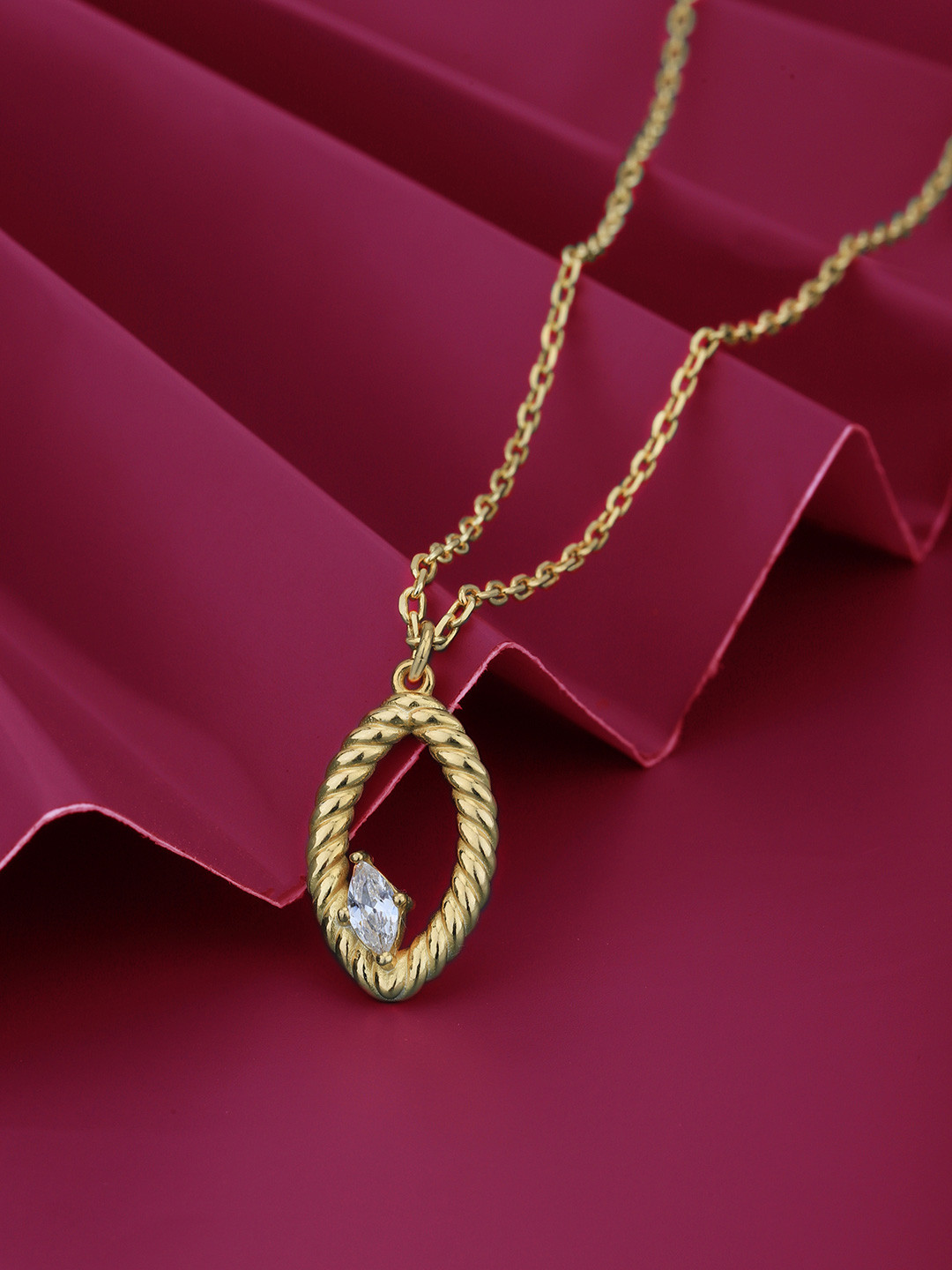 Carlton London 18kt Gold Plated with Cubic Zirconia Studded Textured Drop Pendant & Chain