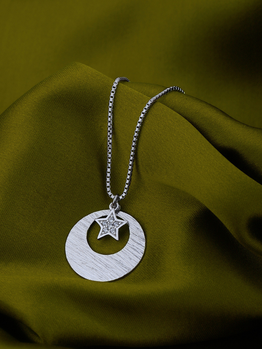 Carlton London Rhodium Plated Cubic Zirconia Studded Circle with Star Pendant and Chain