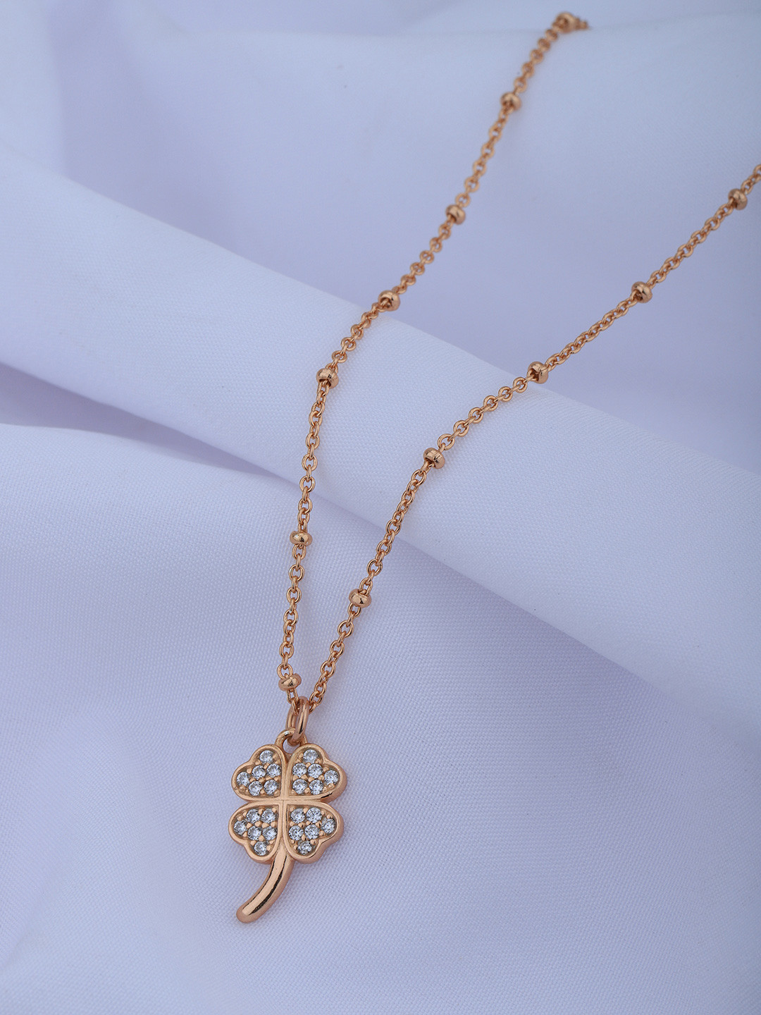 Carlton London 18kt Rose Gold Plated with CZ Four Leaf Clover Pendant with Chain