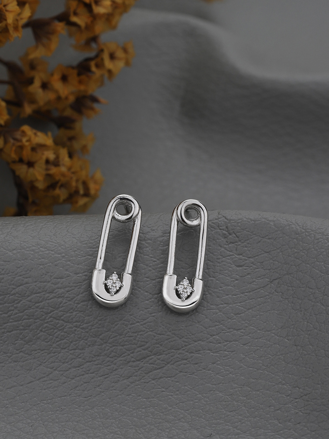 925 Sterling Silver CZ Safety Pin Earring