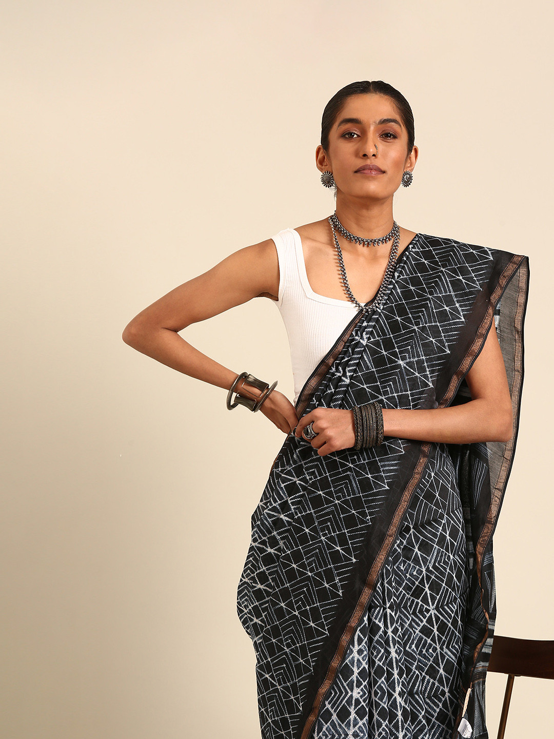 Taavi Shibori Style Geometric Design Chanderi Silk Blend Saree