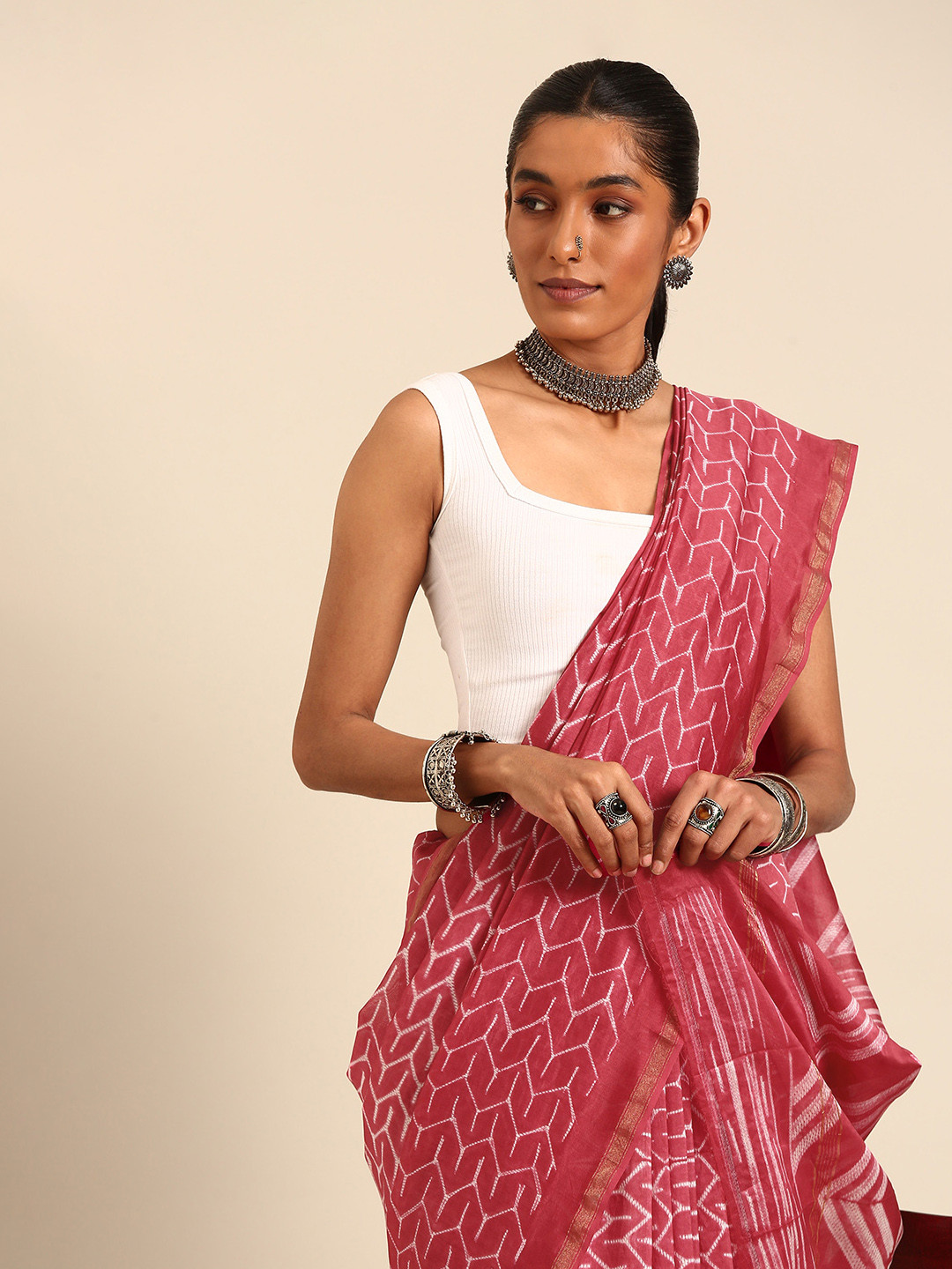 Taavi Shibori Style Geometric Design Chanderi Silk Blend Zari Detail Saree