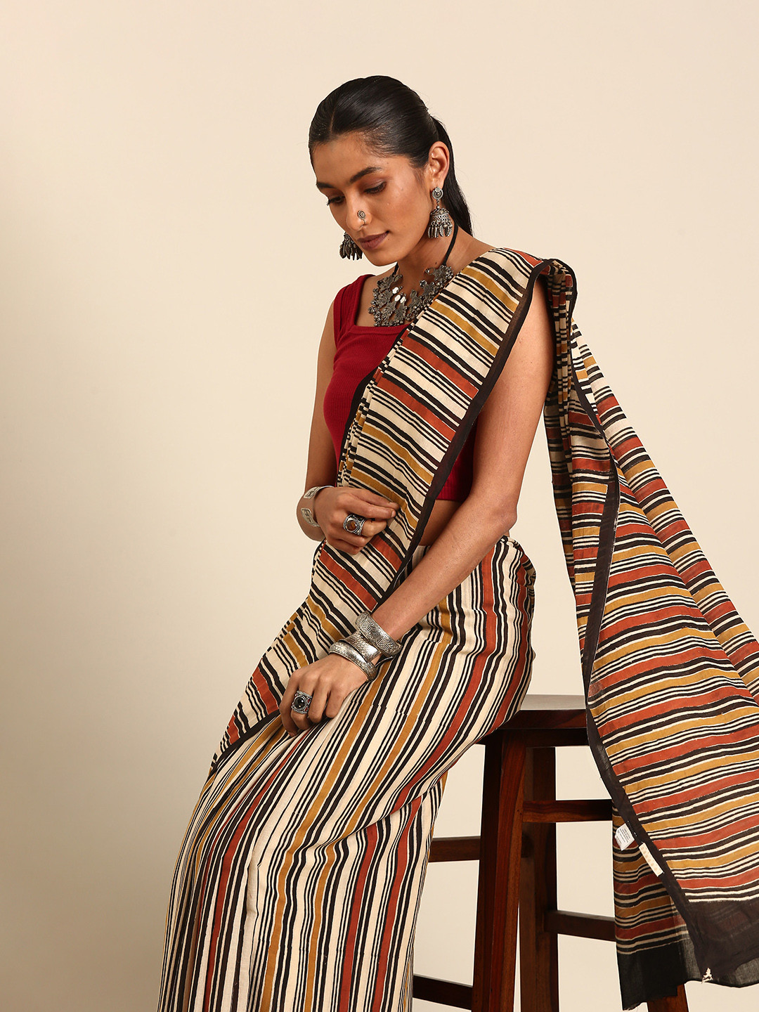 Taavi Striped Bagru Print Pure Cotton Mul Mul Saree