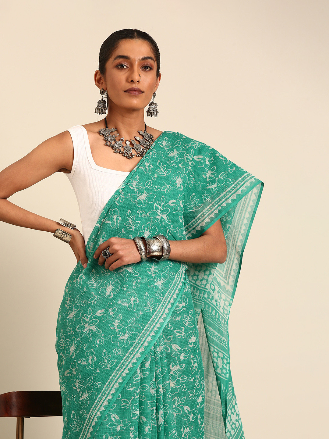 Taavi Floral Dabu Print Pure Kota Weave Cotton Saree