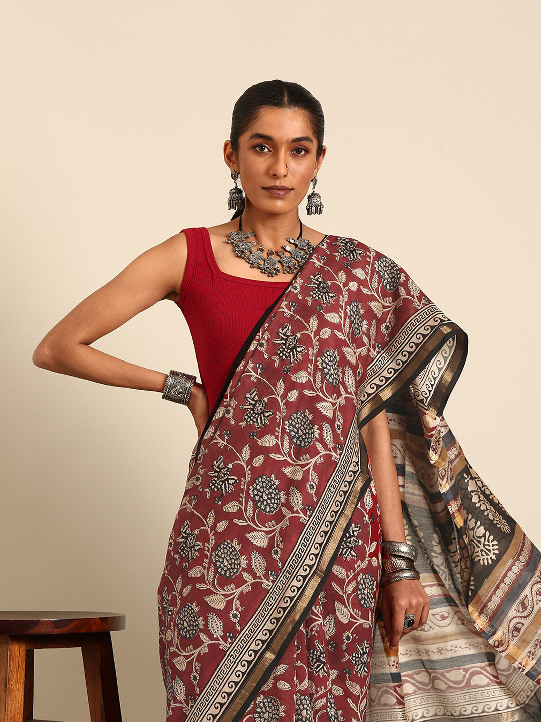 Taavi Floral Bagru Print Chanderi Silk Blend Zari Detail Saree