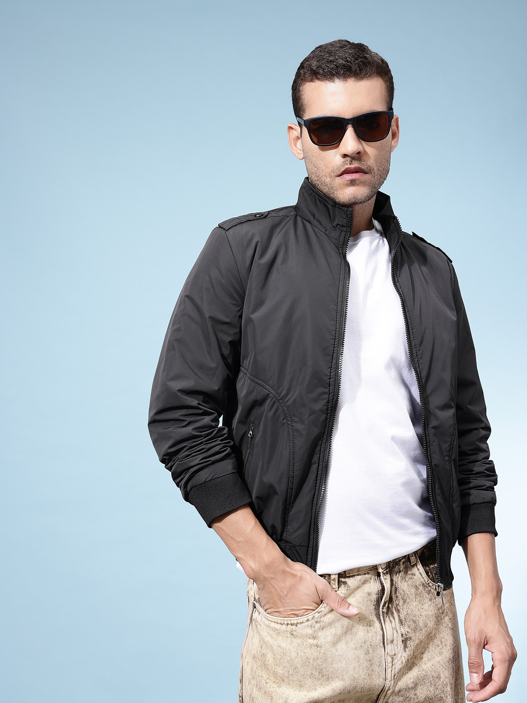 StyleCast x Revolte Mock Collar Shoulder Tab Bomber Jacket