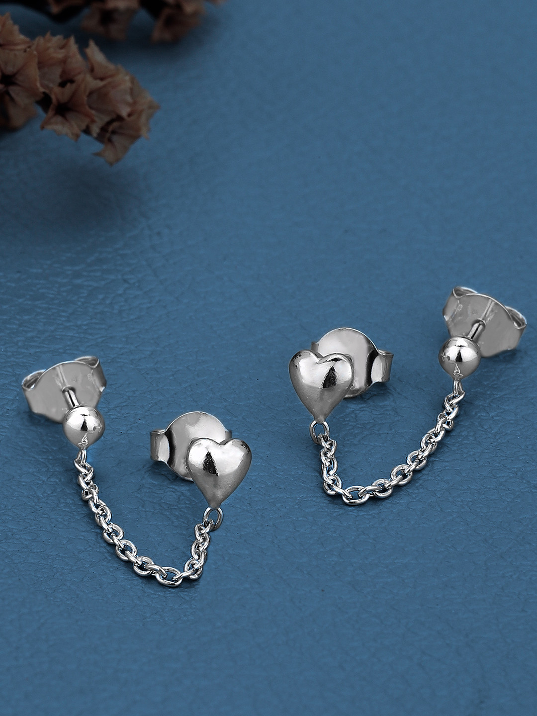 925 Sterling Silver Heart Stud with Chain Earring