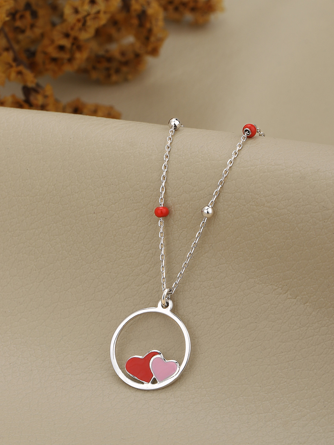 925 Sterling Silver Beads & Enamel Hearts Pendant Necklace