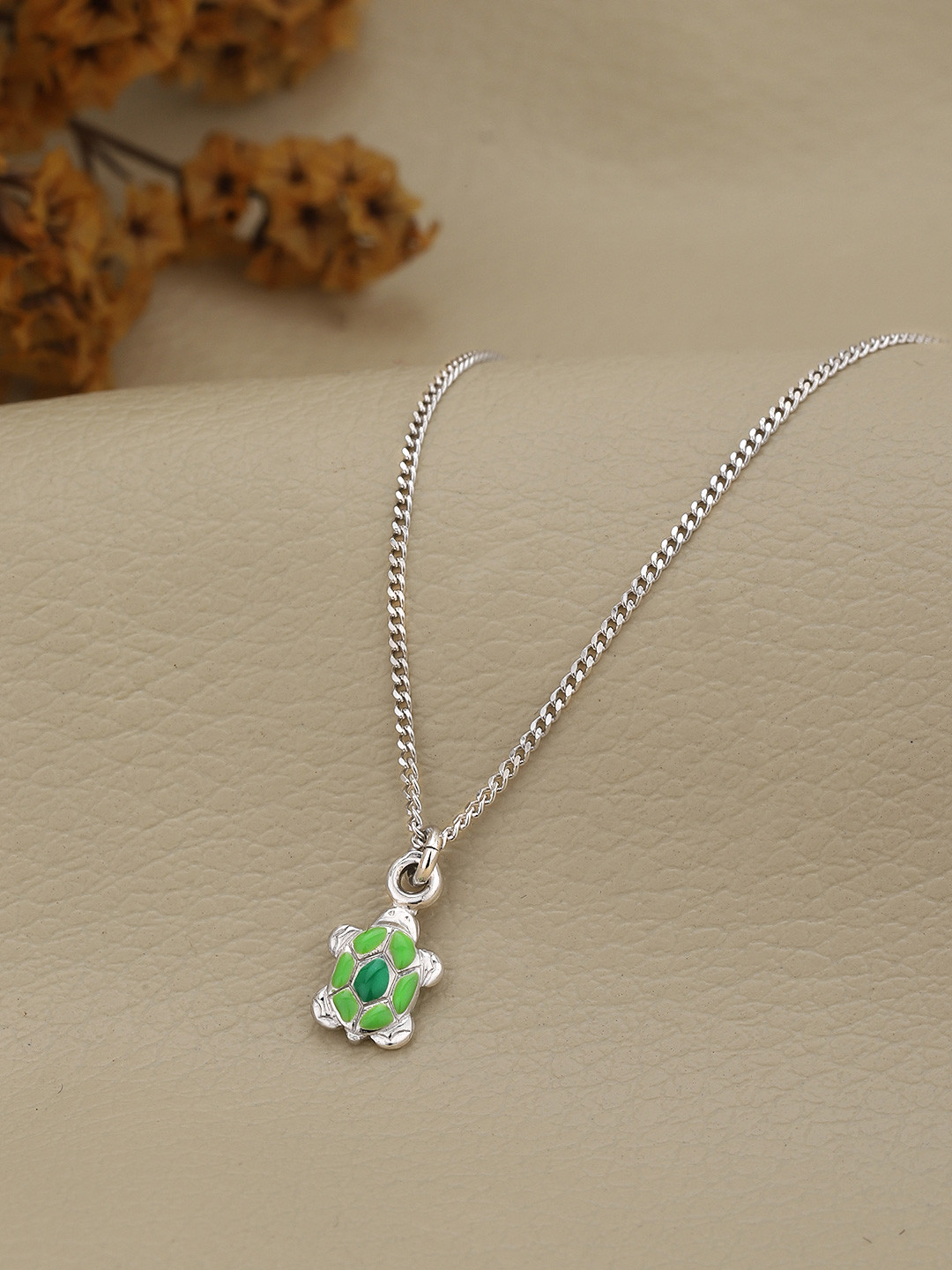 925 Sterling Silver Green Turtle Pendant Necklace