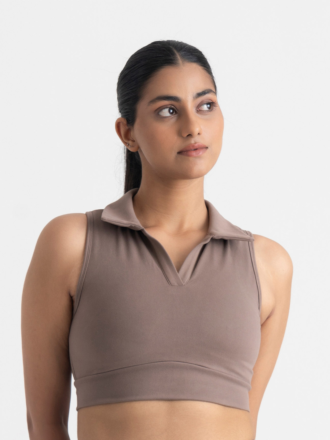 Hunnit Women Zen Polo Neck 2 in 1 Sports Bra Crop Top with Medium Impact & Full Coverage