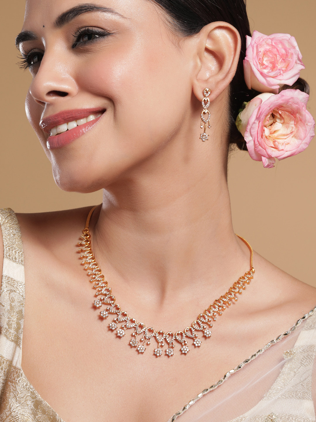 Rubans 22KT Gold-Plated Cubic Zirconia Studded Flower Motif Necklace Set