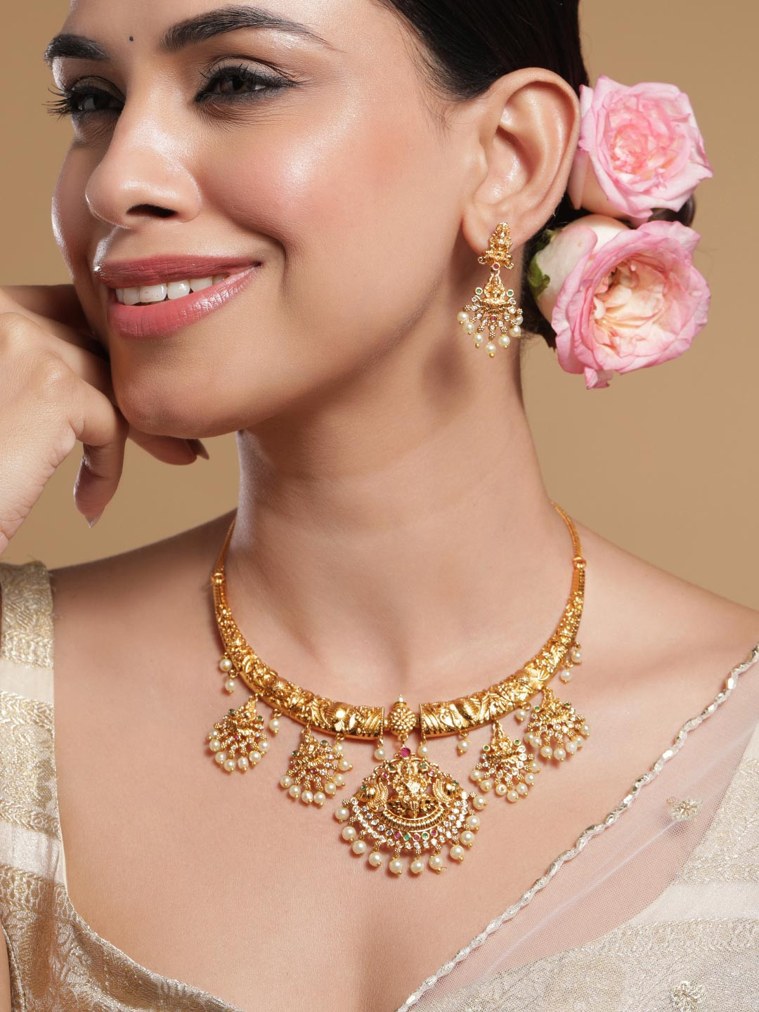 Rubans 22KT Gold-Plated Kundan Studded & Pearls Beaded Lakshmi God Jewellery Set