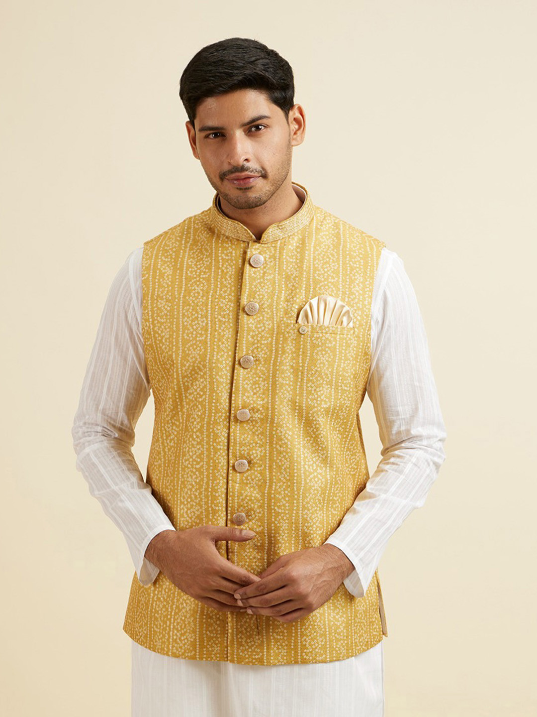 Manyavar Men Embroidered Woven mandarin collar sleeveless and two pockets Nehru Jacket