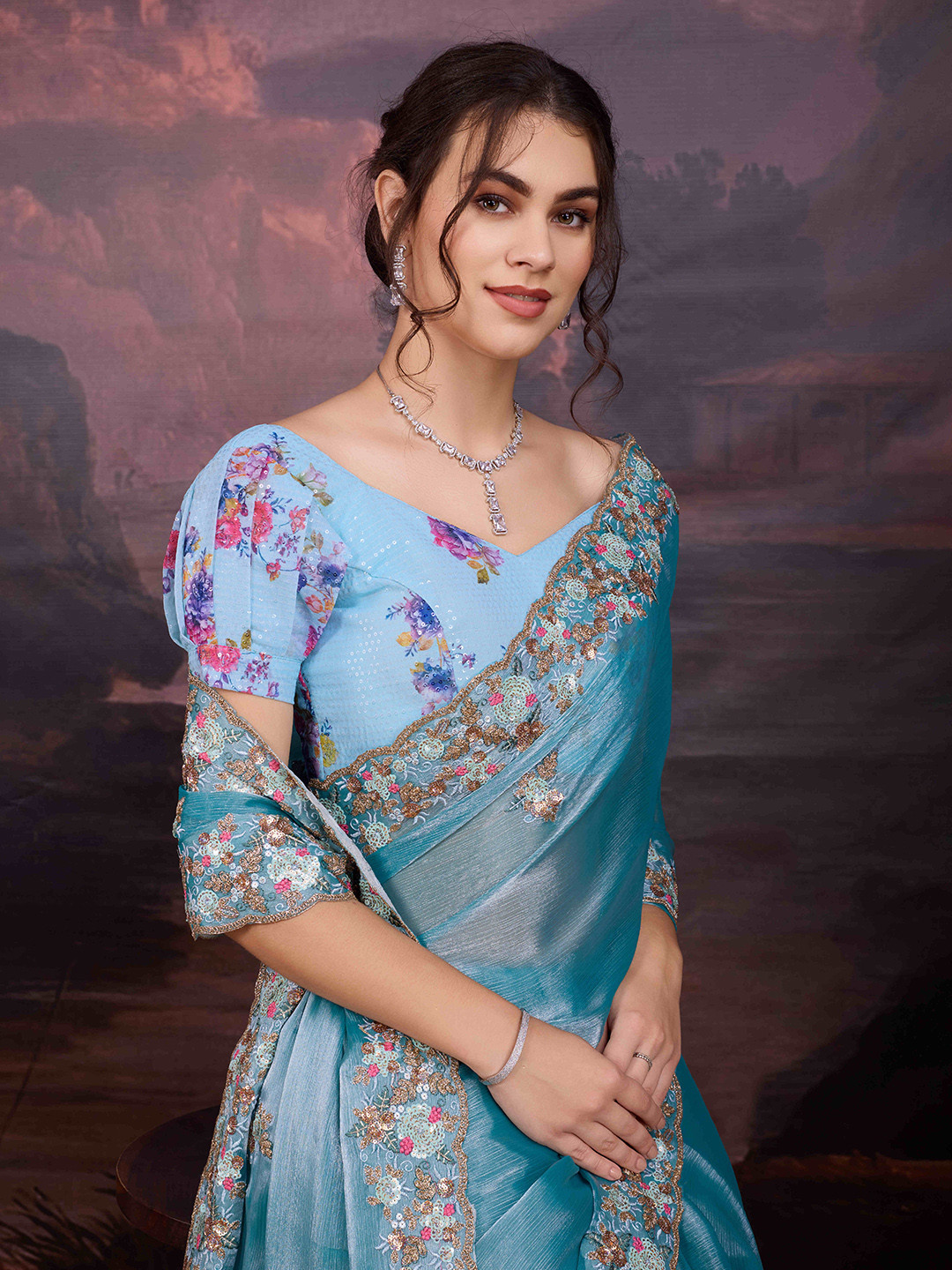 House of Pataudi Sequence Embroidered Saree With Blouse Piece