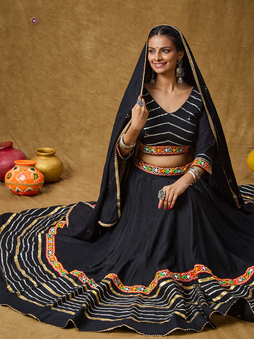 SALWAR STUDIO Embroidered Mirror Work Ready to Wear Lehenga & Blouse With Dupatta