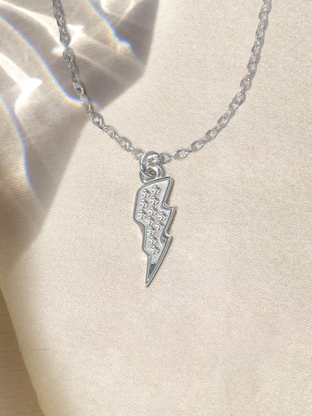 HighSpark 925 Sterling Silver Cubic Zirconia Studded Lightning Bolt Pendant with Chain