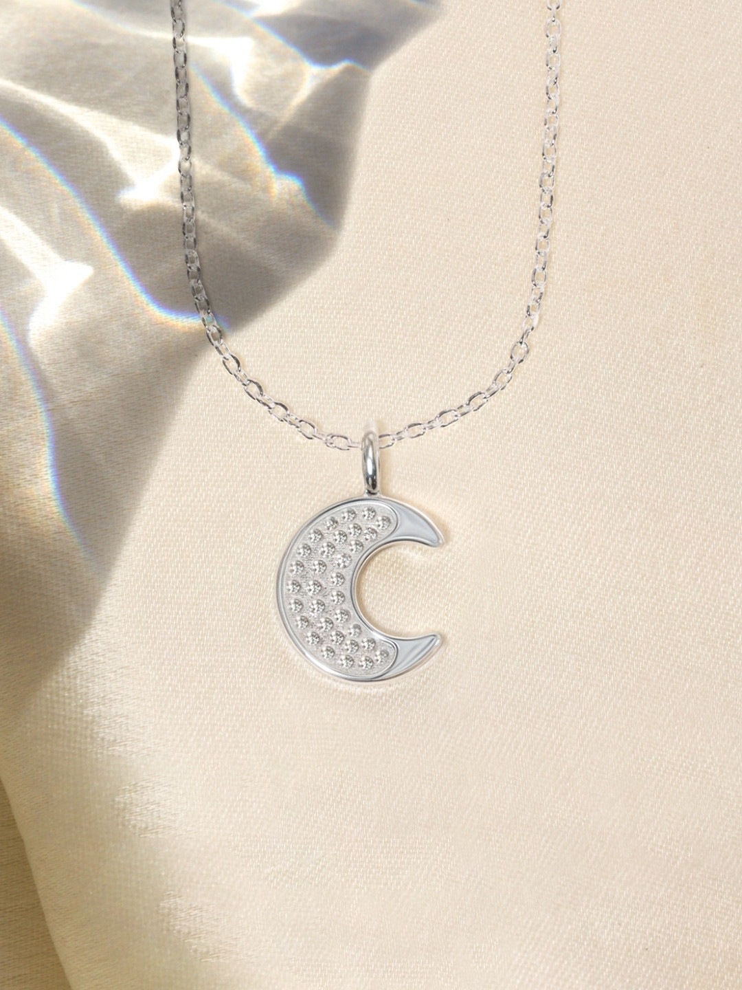 HighSpark 925 Sterling Silver Cubic Zirconia Studded Crescent Shaped Pendant with Chain