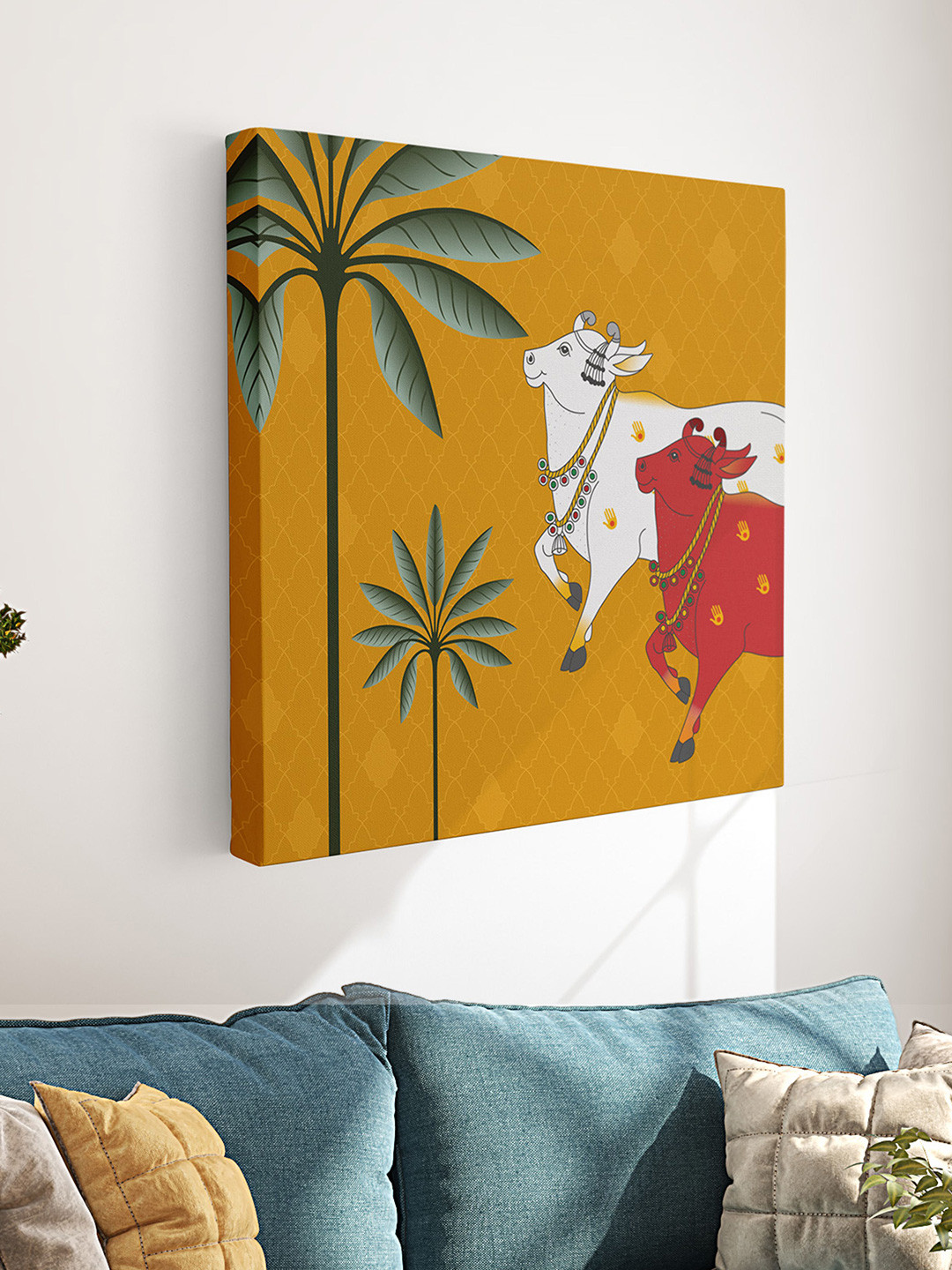 Aura Yellow & White Pichwai Cow Religious Canvas Wall Art