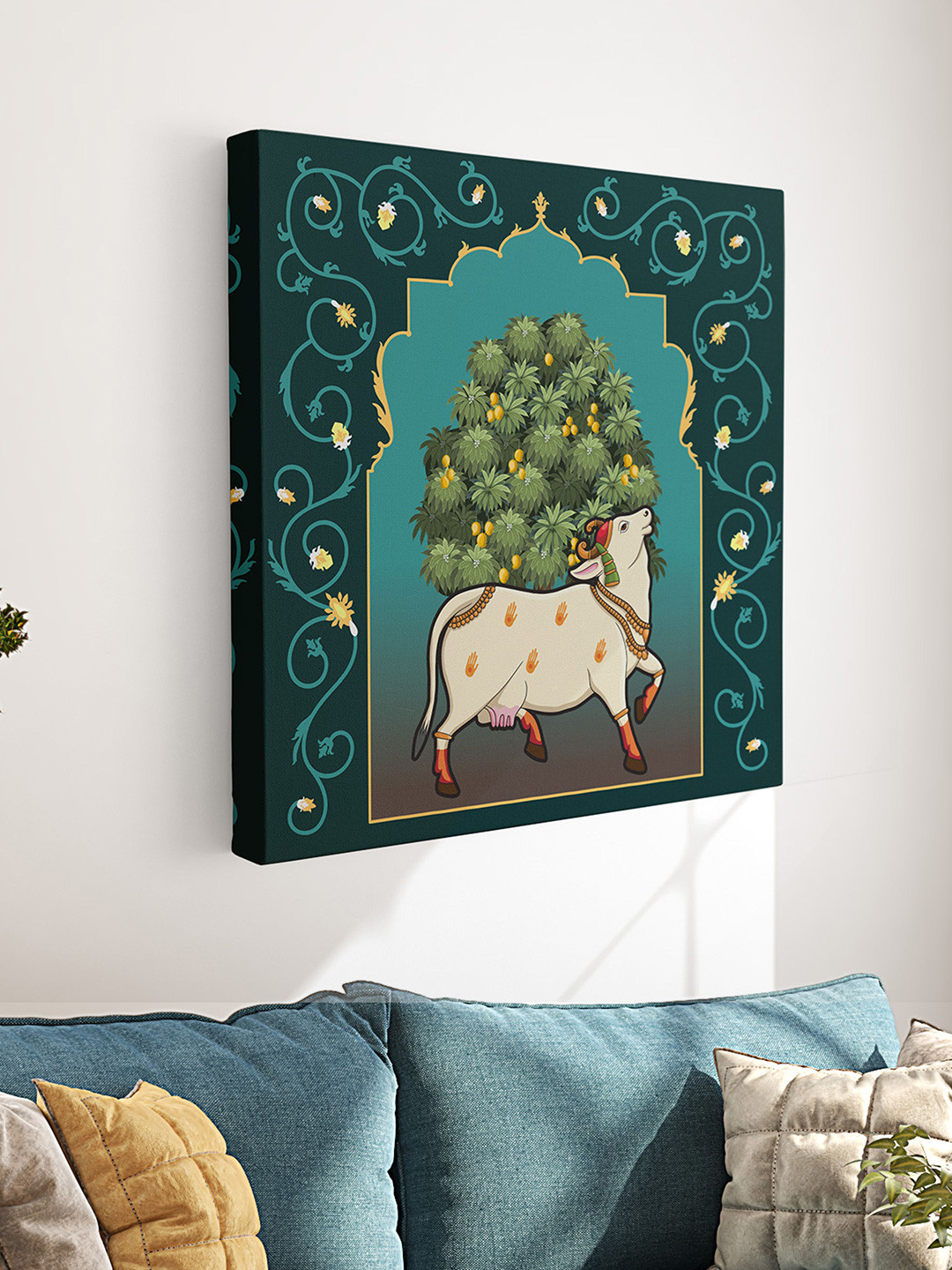 Aura Blue & Green Pichwai Cow Religious Canvas Wall Art