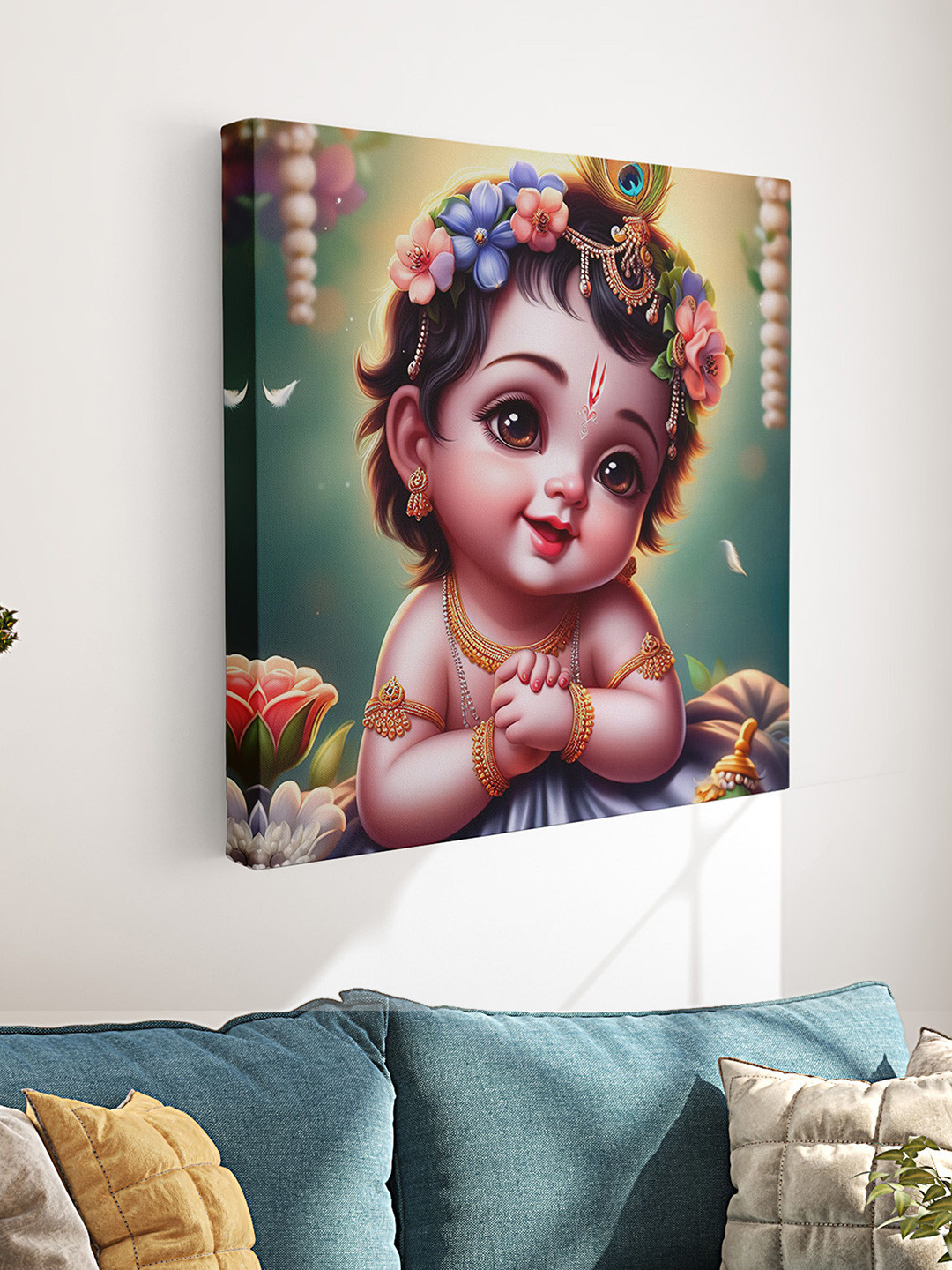 Aura Green & Pink Shree Krishna Religious Canvas Wall Art