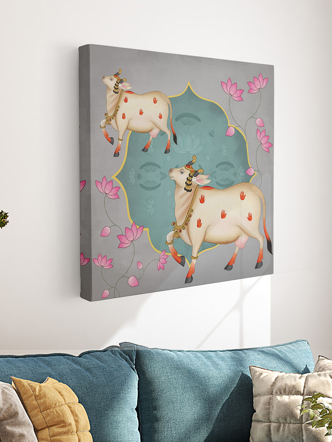 Aura Grey & Pink Pichwai Cow Religious Canvas Wall Art