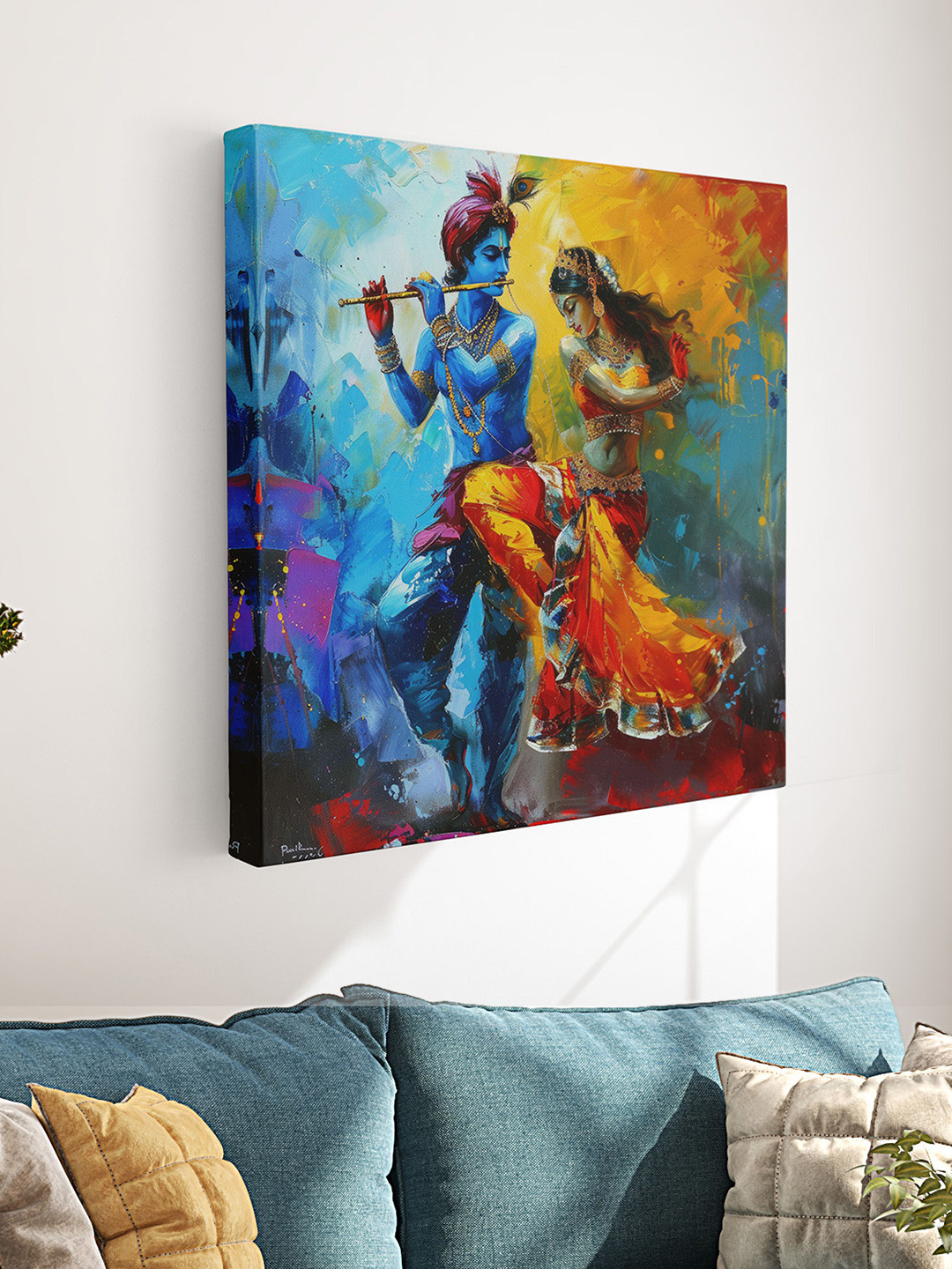 Aura Blue & Red Shree Radhe Krishna Religious Canvas Wall Art