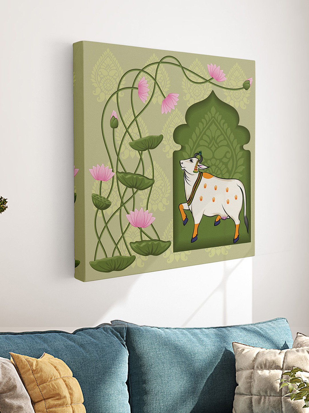 Aura Green & Pink Pichwai Cow Printed Wooden Framed Canvas Wall Painting