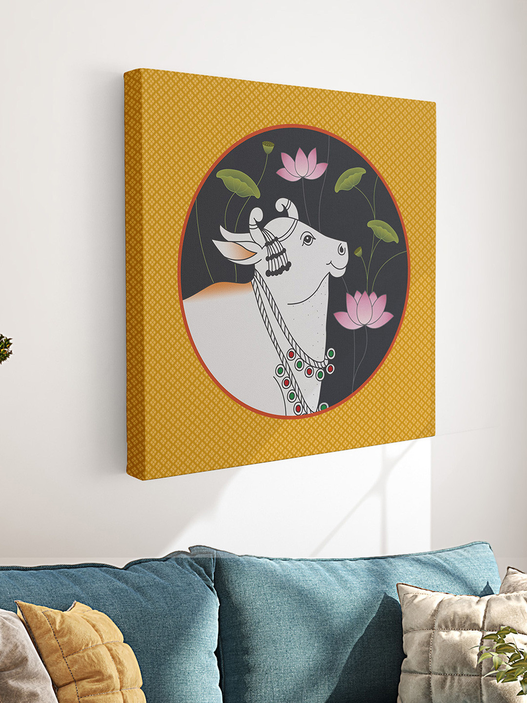 Aura Yellow & Black Pichwai Cow Religious Canvas Wall Art