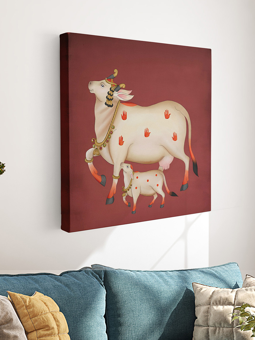 Aura Maroon & White Pichwai Cow Religious Canvas Wall Art