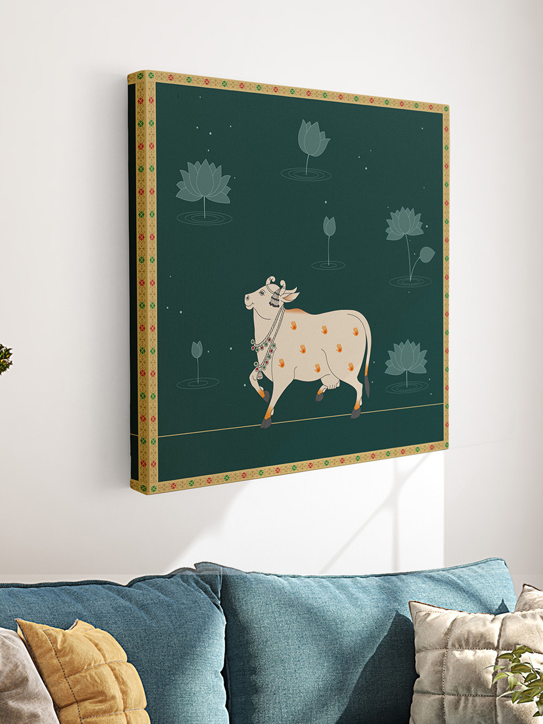 Aura Green & White Pichwai Cow Religious Canvas Wall Art